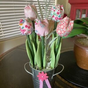 Floral Pink Tulip Arrangement in Metal Bucket. New, handcrafted.
